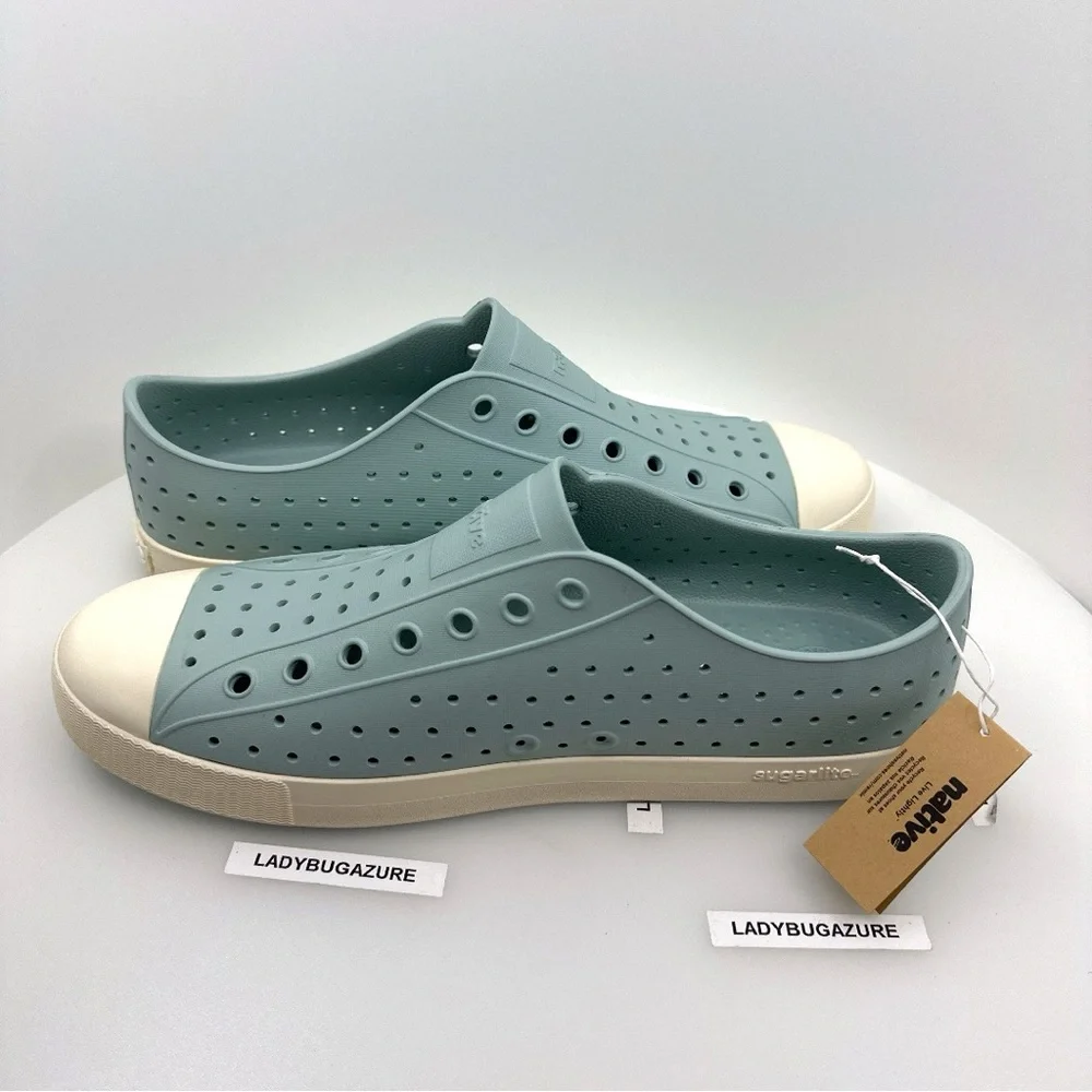 Native Shoes Light Blue Slip-On Loafers with Cream Toe Caps NIB